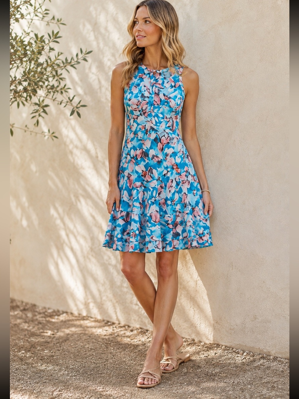Rebecca Taylor Sz 8 100% Silk Floral Aloha Midi Dress Turquoise Pink Sleeveless